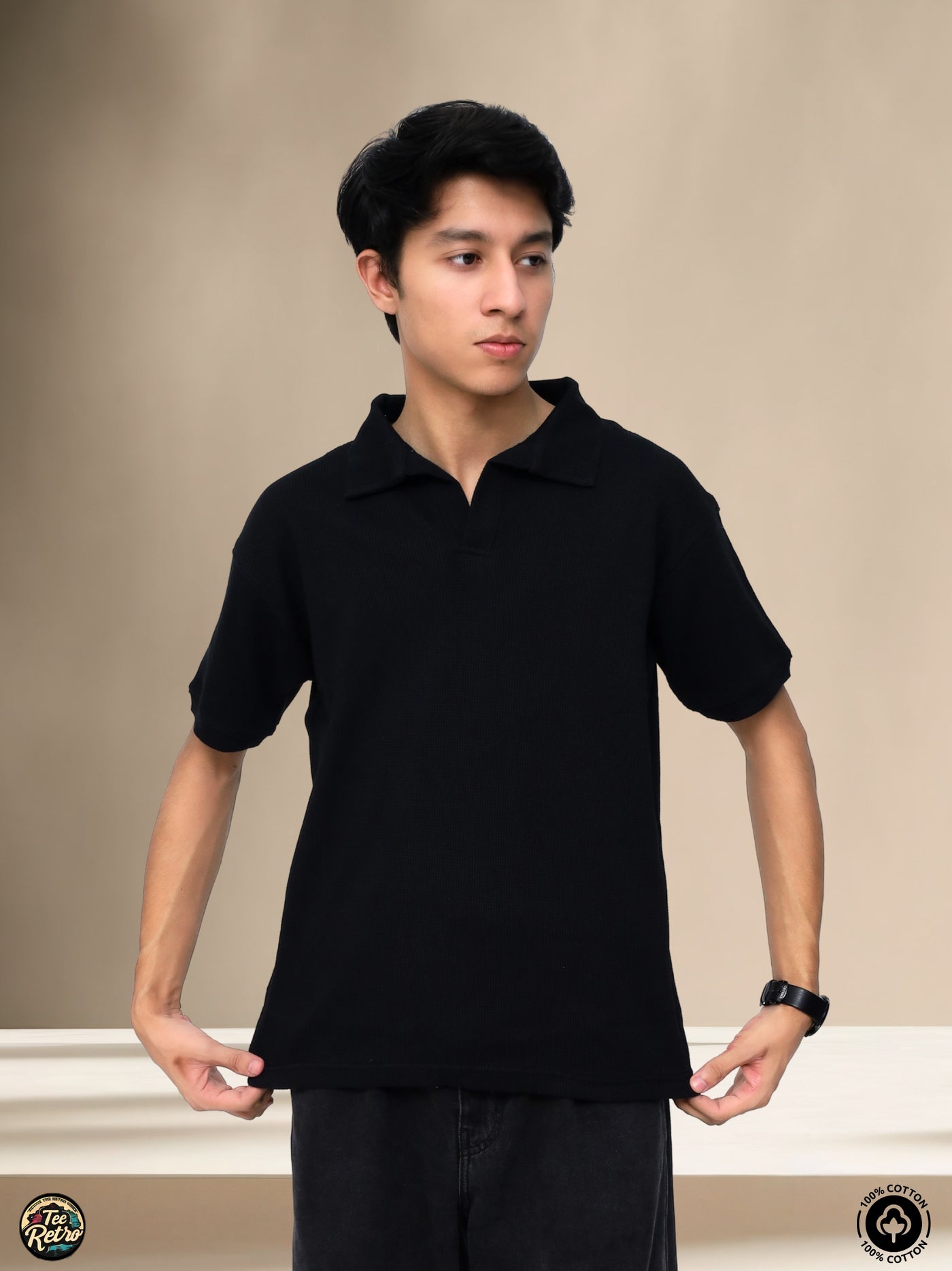 V-NECK BLACK RETRO POLO | TEERETRO