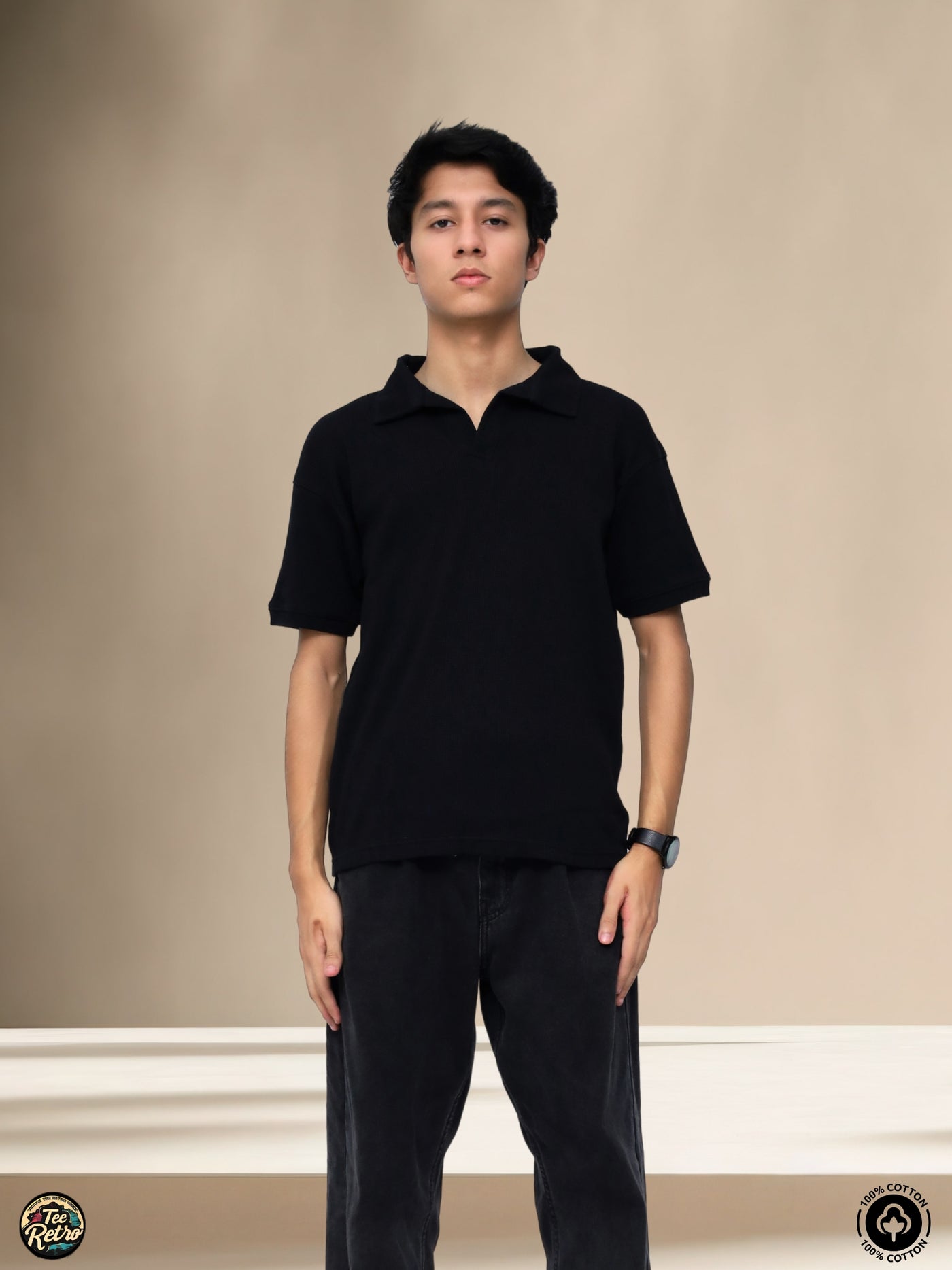 V-NECK BLACK RETRO POLO | TEERETRO